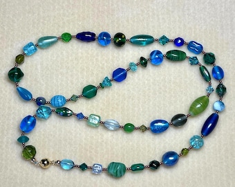 Long green and blue glass & crystal necklace with gold vermeil magnetic clasp: CHARITY DONATION