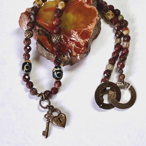 Key to my heart - jasper, Dzi beads & brass necklace: CHARITY DONATION
