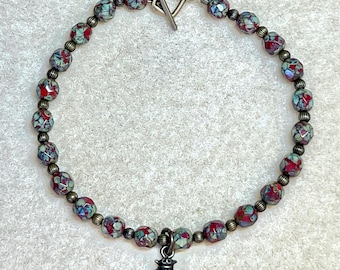 Czech glass & brass ladybug charm bracelet: CHARITY DONATION