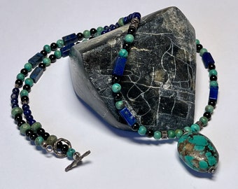 Turquoise, lapis lazuli, black onyx & sterling silver pendant necklace: CHARITY DONATION