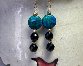 Azurite, black onyx, gold vermeil & gold-fill earrings: CHARITY DONATION