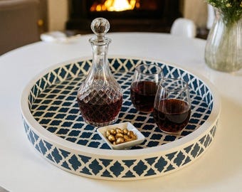 Bone Inlay Tray, Handmade Decorative Serving Tray, Moroccan Pattern Gifts