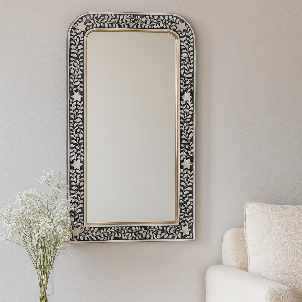 Miroir Mural 20x28 Pouces – Mosaïque Nacre, Cadre Blanc, Naturel, Antiexplosion
