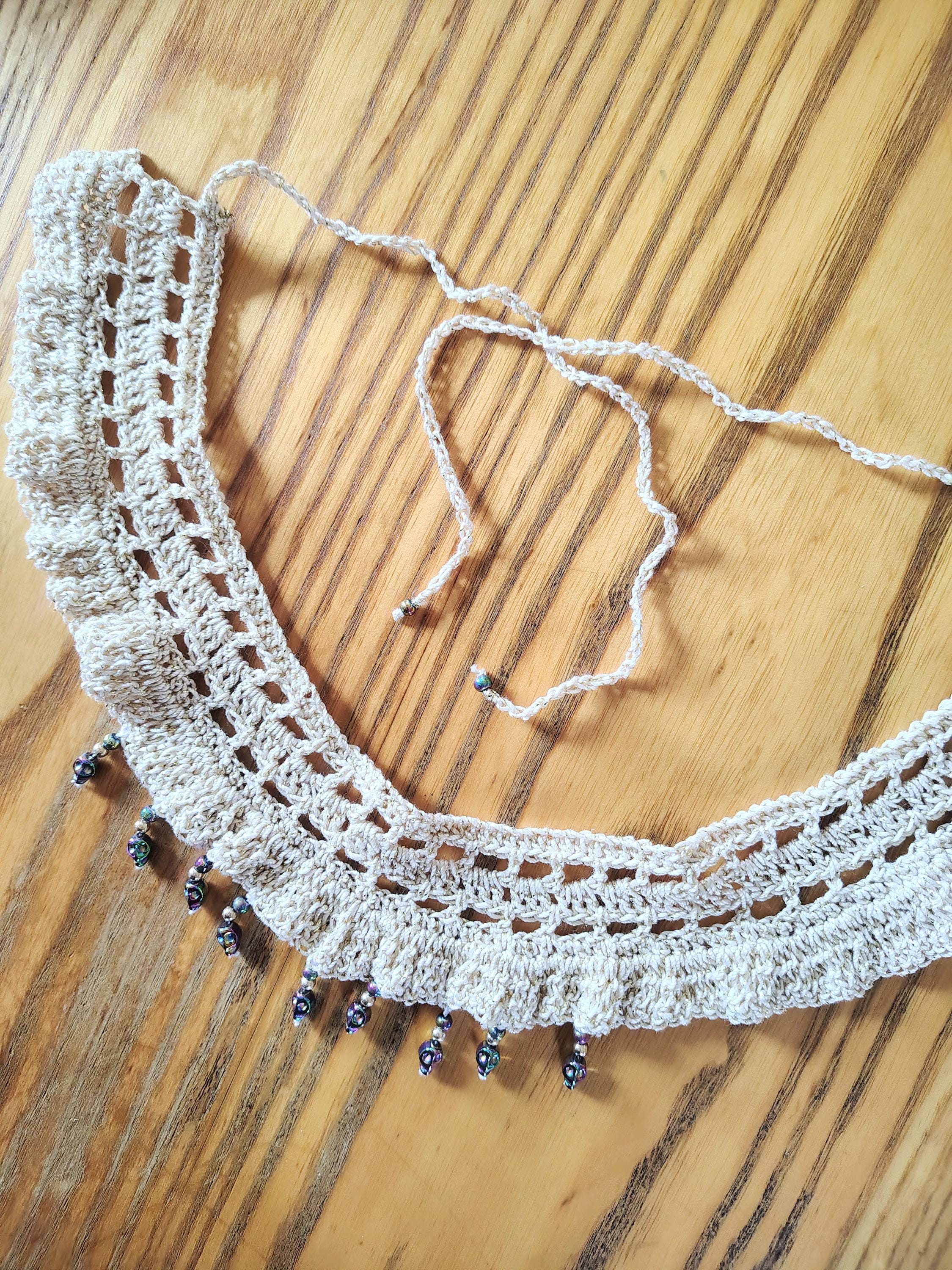 Hand Crocheted Gold Collar Choker Necklace with Skull Beads and matching earrings - Thumbnail 6