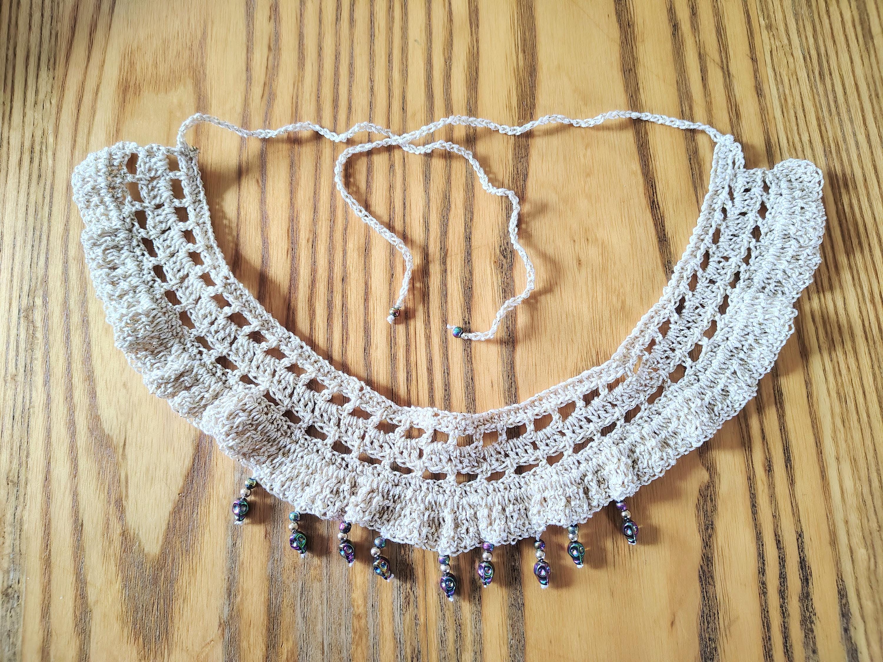 Hand Crocheted Gold Collar Choker Necklace with Skull Beads and matching earrings - Thumbnail 4