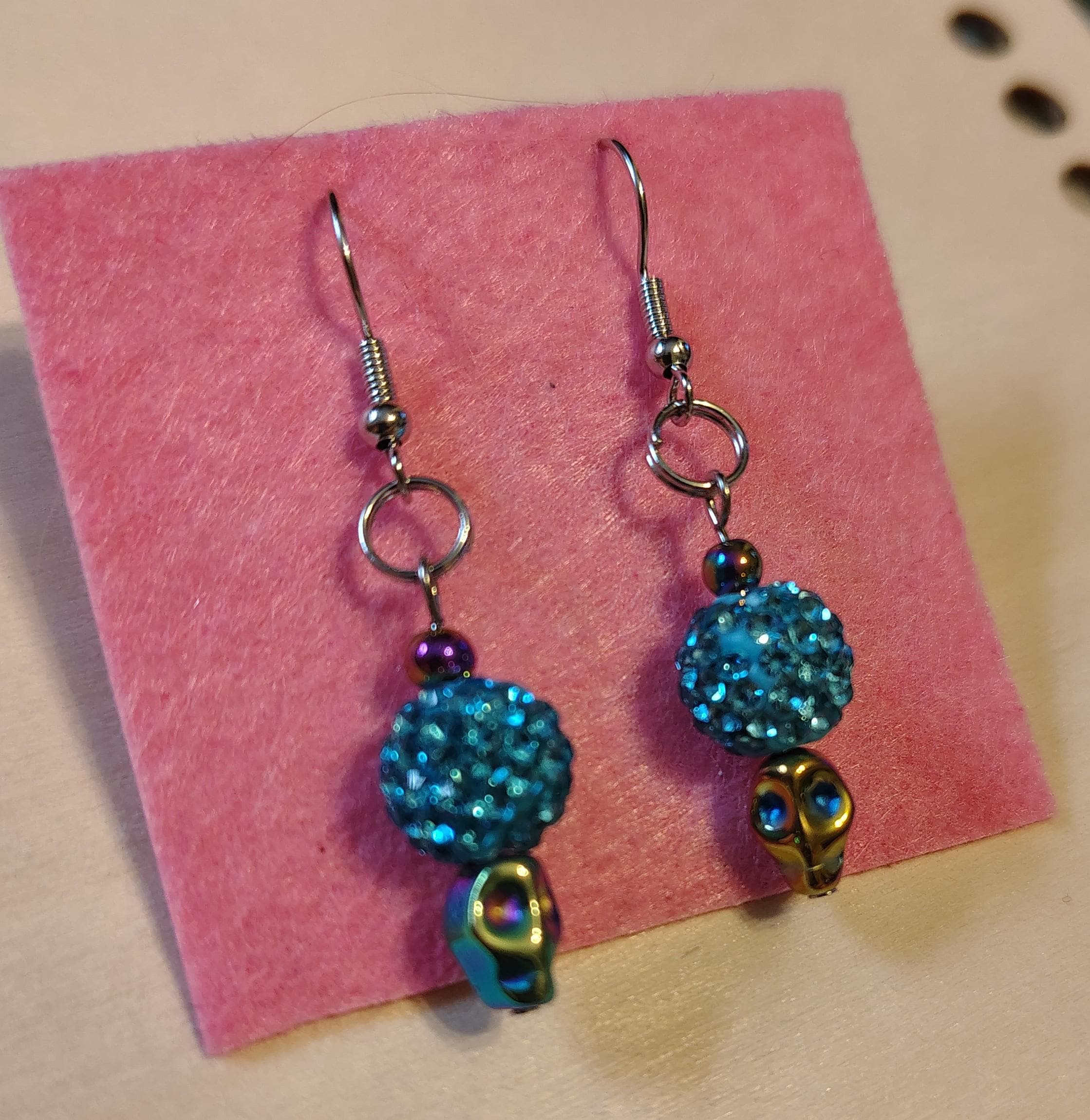 Beaded Dangle Earrings, Blue and Silver, Skull Earrings - Thumbnail 6