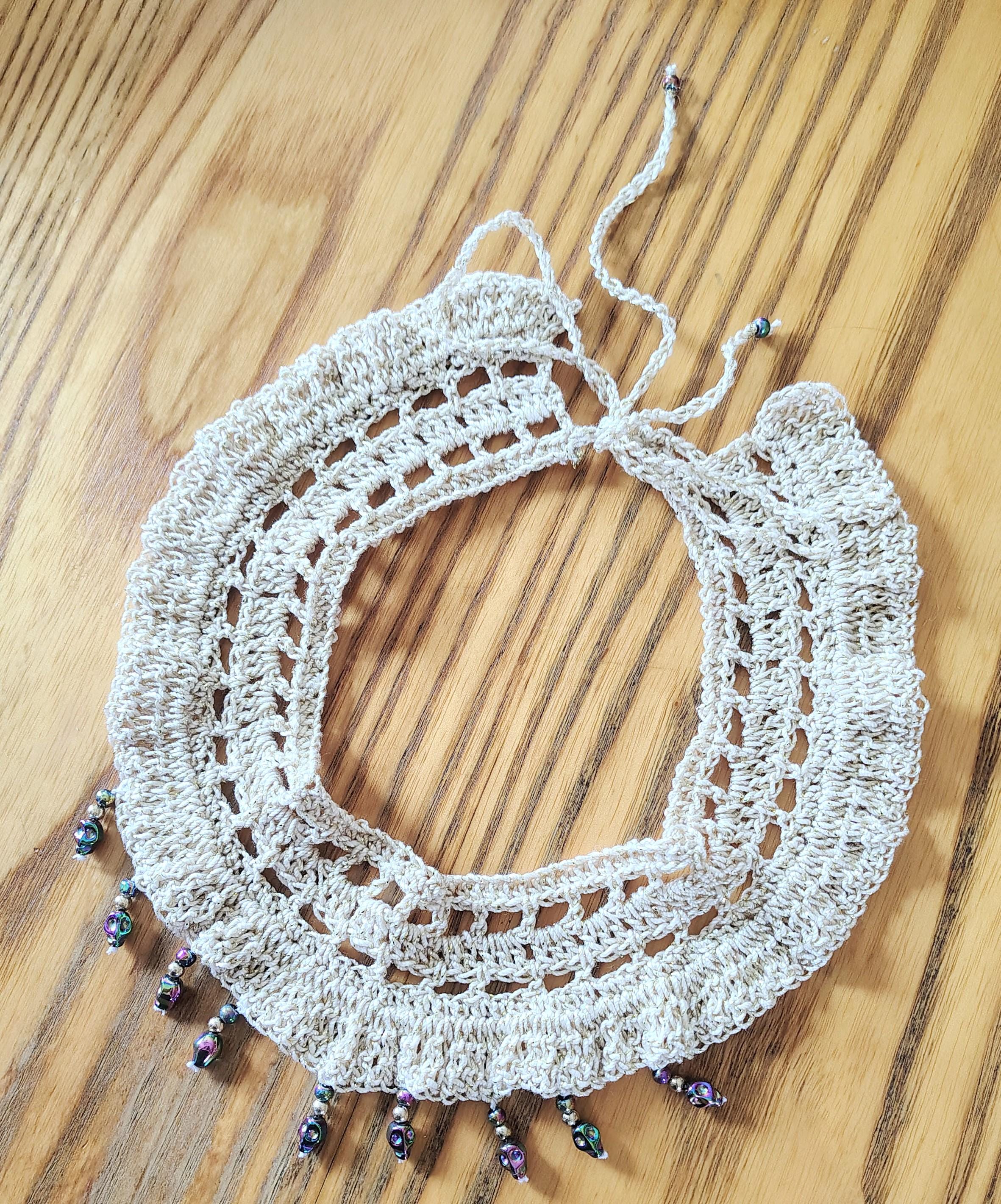 Hand Crocheted Gold Collar Choker Necklace with Skull Beads and matching earrings - Thumbnail 3