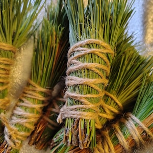 Puede incluir: Varios manojos de agujas de pino verdes están atados con hilo natural. Los manojos están dispuestos juntos, creando una exhibición texturizada. Las agujas son de un verde vibrante y el hilo es de un marrón cálido. Tema natural y orgánico.