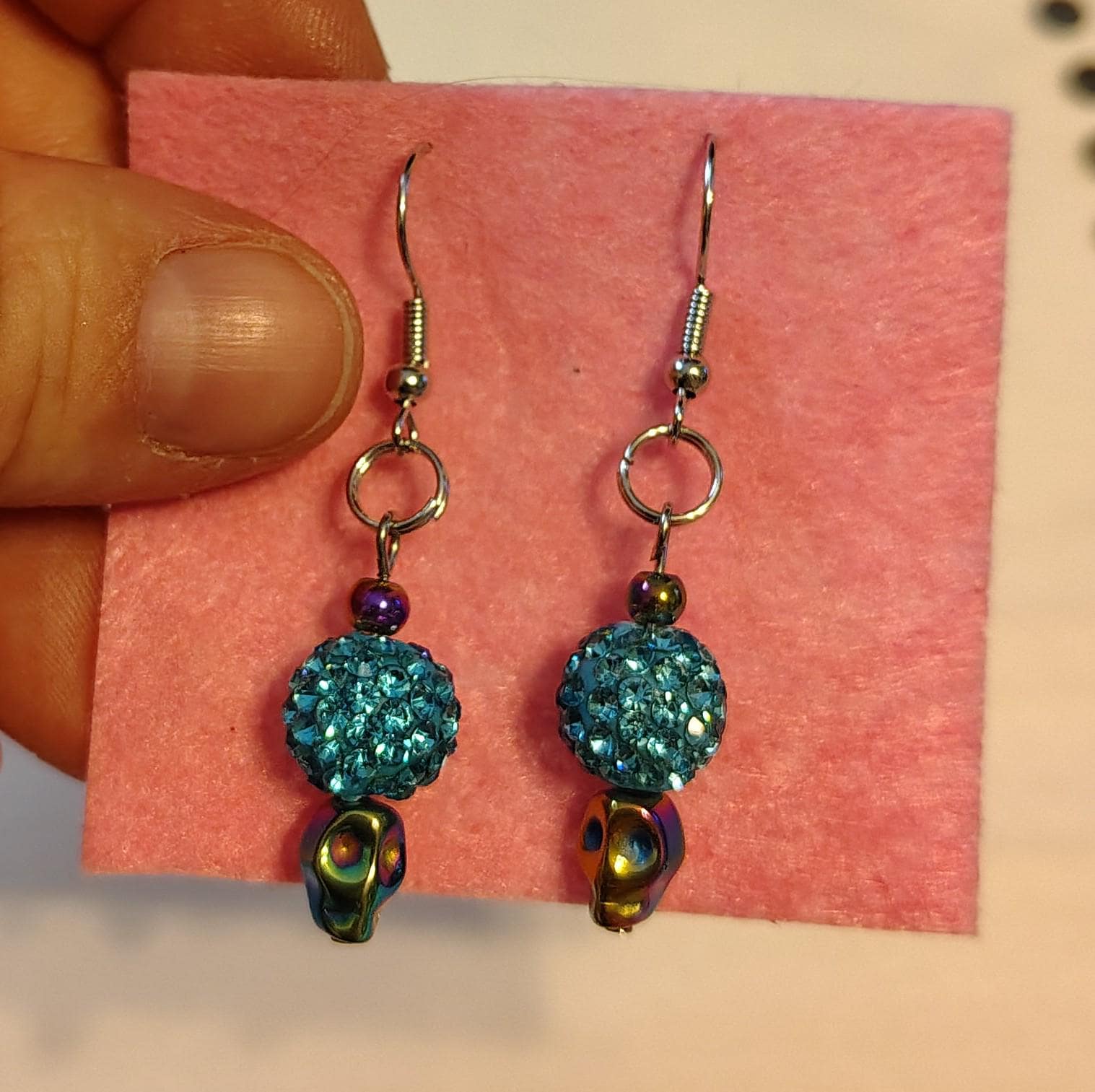 Beaded Dangle Earrings, Blue and Silver, Skull Earrings - Thumbnail 5