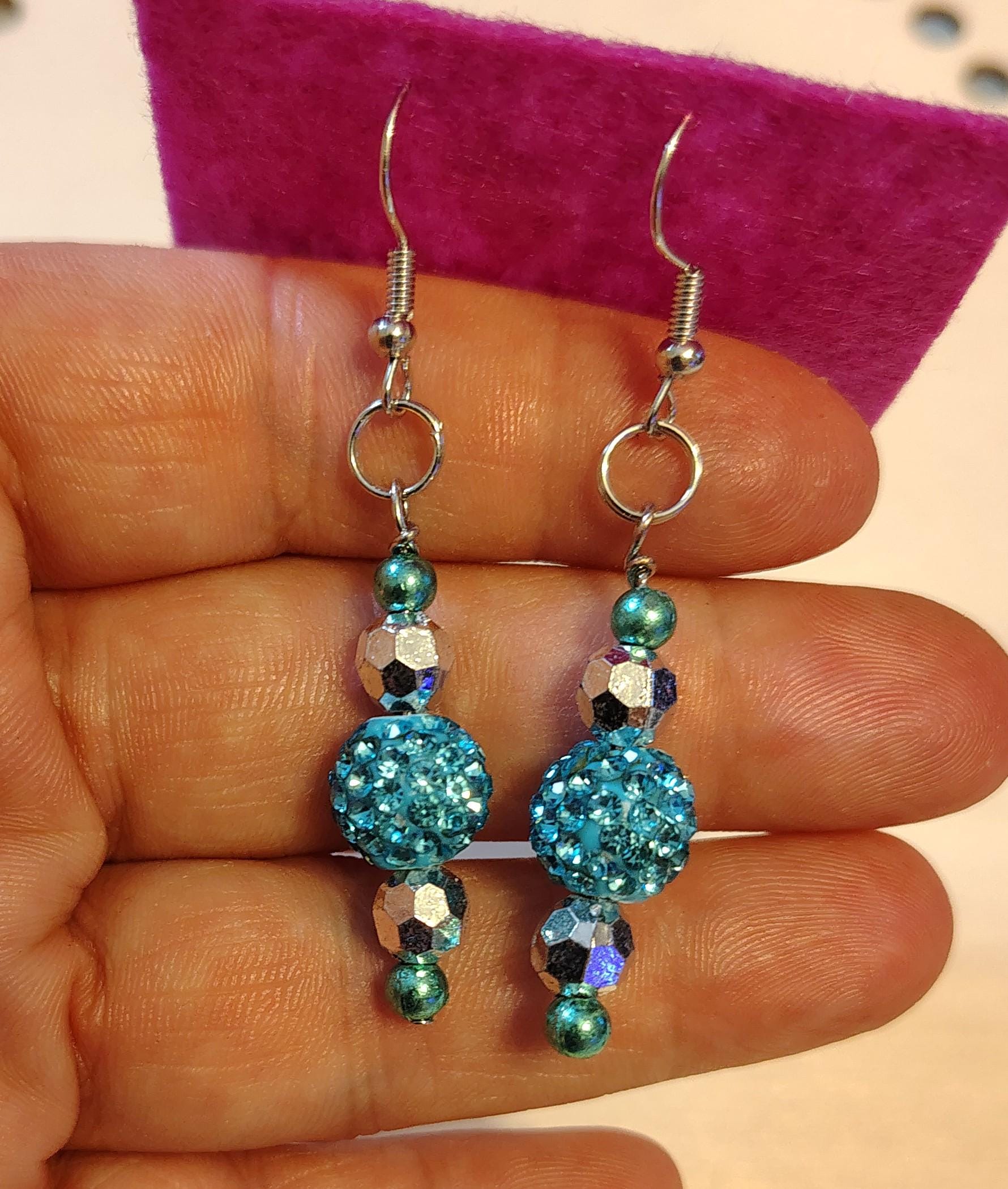Beaded Dangle Earrings, Blue and Silver, Skull Earrings