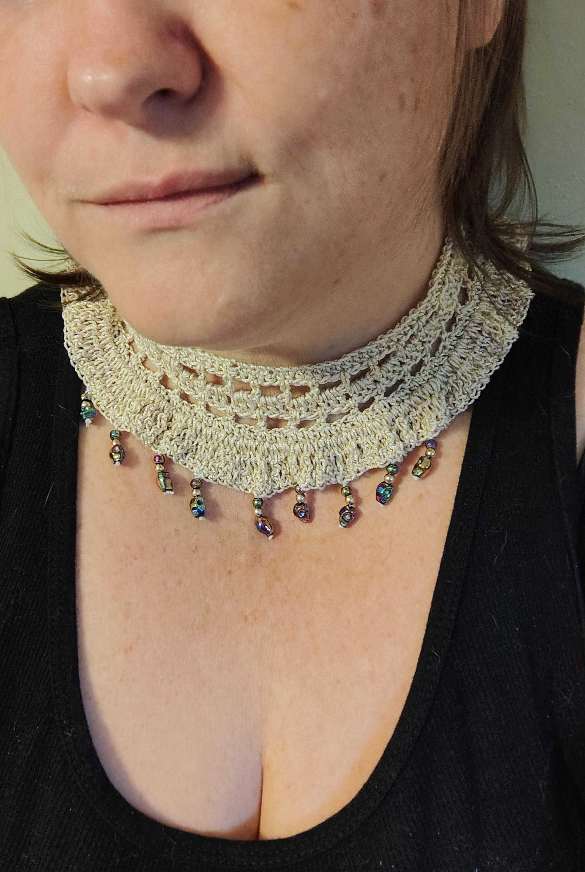 Hand Crocheted Gold Collar Choker Necklace with Skull Beads and matching earrings - Thumbnail 2