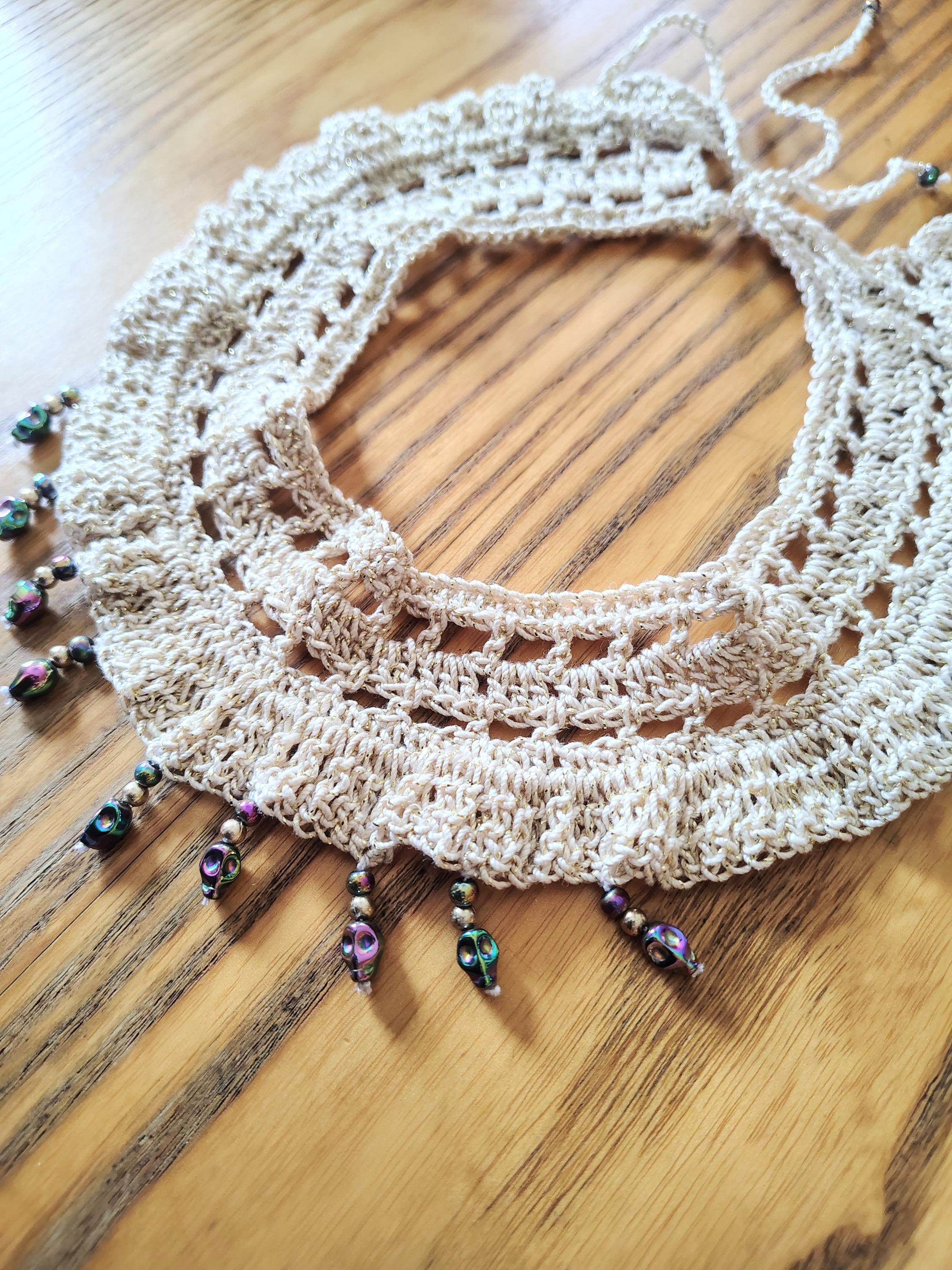 Hand Crocheted Gold Collar Choker Necklace with Skull Beads and matching earrings - Image 1