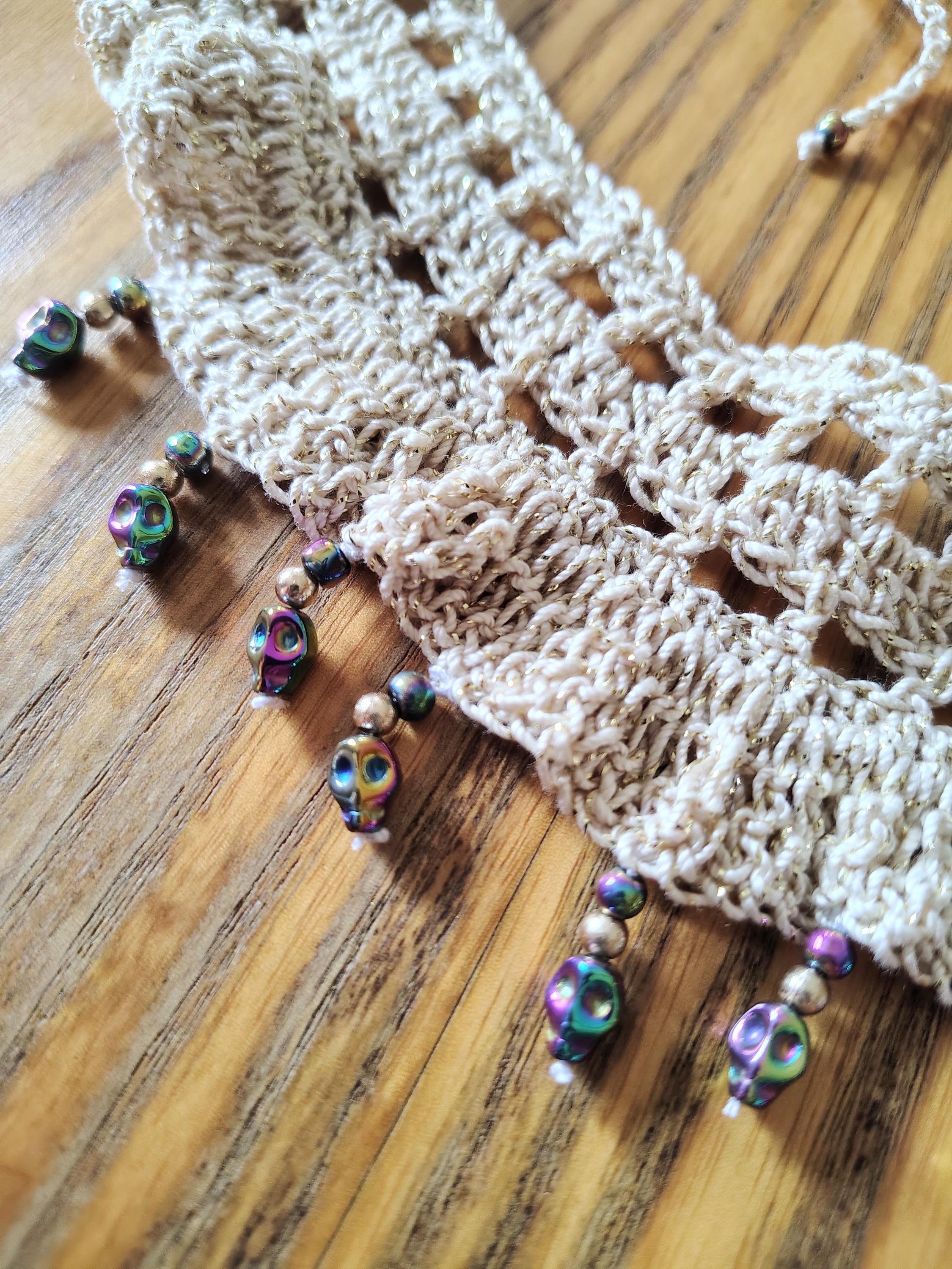 Hand Crocheted Gold Collar Choker Necklace with Skull Beads and matching earrings - Thumbnail 5