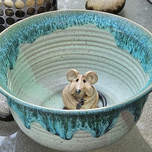 May include: A round ceramic bowl with a light speckled cream interior and exterior, featuring a vibrant turquoise drip glaze around the rim. A small, sculpted tan ceramic mouse figure is positioned at the center of the bowl's interior base.