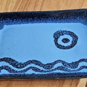 Joan Mallick Block Island Blue Studio Pottery Plate, Abstract Resist Glaze Stoneware Tray, Rhode Island Artisan Ceramic Platter Vintage