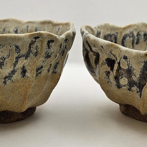 Organic Pair of Handbuilt Studio Pottery Pedestal Bowls Hand-Pinched Fluted Stoneware Browns Blue Glaze Wabi-Sabi Serving Bowls Vintage