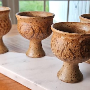 Mid-Century Modern Studio Pottery Goblets - Set of 4 Earthy Speckled Stoneware Wine Cups, Hand-Thrown Signed Ceramic Chalices