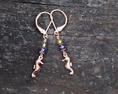 Tiny Seahorse Earrings handmade rose gold copper colored seahorse earrings with purple and sea green Czech glass bead accents handmade gift