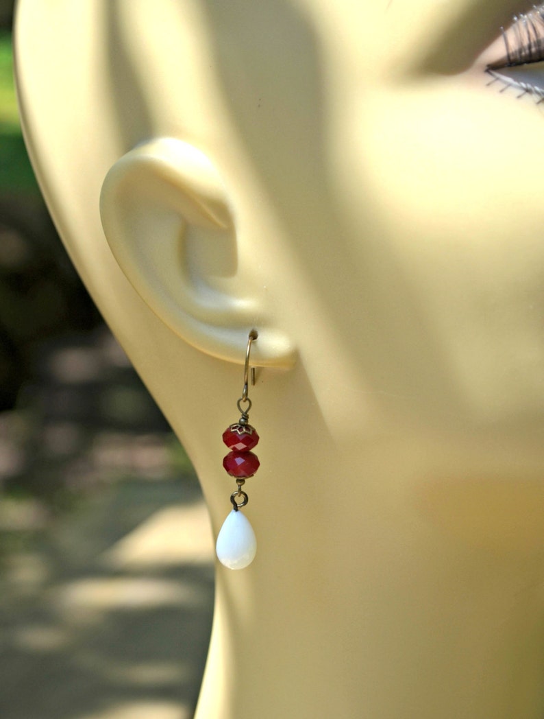 Red and White Earrings With Vintage White Ceramic Teardrop | Etsy