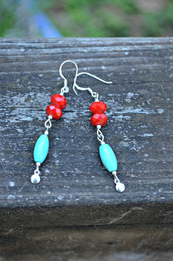 Items similar to Turquoise Earrings with Scarlet Glass Beads handmade ...