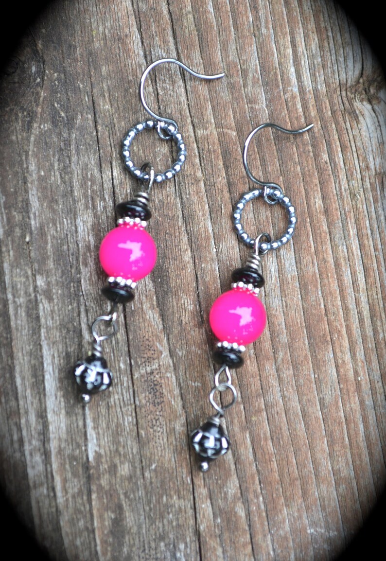 Hot Pink and Black Earrings handmade gift | Etsy