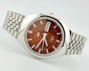 Seiko 5 Brown Dial Men's Automatic Watch Vintage Movement Jubilee Bracelet Wristwatch