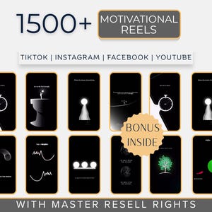以下が含まれることがあります： 「1500+ MOTIVATIONAL REELS」のテキストとプラットフォームロゴが入ったプロモーション画像。モチベーションを高める引用句とグラフィックが表示された、黒いスマートフォンの画面が複数表示されています。「BONUS INSIDE」と「WITH MASTER RESELL RIGHTS」が含まれています。