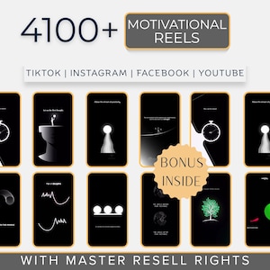 Könnte beinhalten: Ein Bild mit dem Text "4100+ MOTIVATIONAL REELS" und Logos von Social-Media-Plattformen. Das Bild enthält auch den Text "TIKTOK | INSTAGRAM | FACEBOOK | YOUTUBE" und "BONUS INSIDE". Der untere Teil des Bildes lautet "WITH MASTER RESELL RIGHTS".