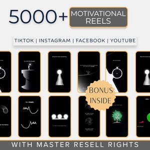 Puede incluir: Imagen promocional con pantallas de teléfonos inteligentes negras con gráficos motivacionales. La imagen incluye el texto "5000+ Motivational Reels" y logotipos de redes sociales. Se incluye una pegatina de bonificación, junto con el texto "With Master Resell Rights."