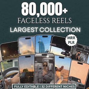 Op de afbeelding: Een advertentie voor faceless reels, met de tekst "80.000+ FACELLESS REELS GROOTSTE COLLECTIE" boven een verzameling smartphoneschermen. De schermen tonen diverse afbeeldingen. De tekst geeft ook aan dat de inhoud volledig bewerkbaar is en 32 niches omvat.
