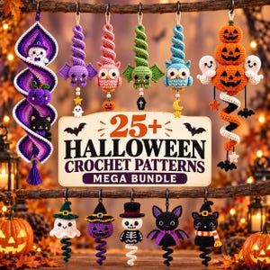 May include: A collection of colourful crochet Halloween ornaments hanging from a branch, including ghosts, pumpkins, owls, bats, and a skeleton. A central sign displays the text 25+ HALLOWEEN CROCHET PATTERNS MEGA BUNDLE with bat graphics.
