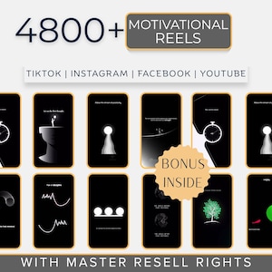 May include: A promotional graphic with the text "4800+ MOTIVATIONAL REELS" and social media platform logos. The image showcases a collection of black and white phone screen designs with motivational quotes and graphics. Includes "BONUS INSIDE" and "WITH MASTER RESELL RIGHTS."