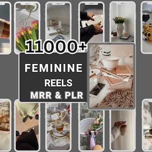 Pode incluir: Uma colagem de telas de smartphones com imagens de estilo de vida. A tela central exibe uma cena aconchegante com uma caneca grande, cadernos e um smartphone. O texto "11000+ FEMININE REELS MRR & PLR" é sobreposto em um fundo escuro.