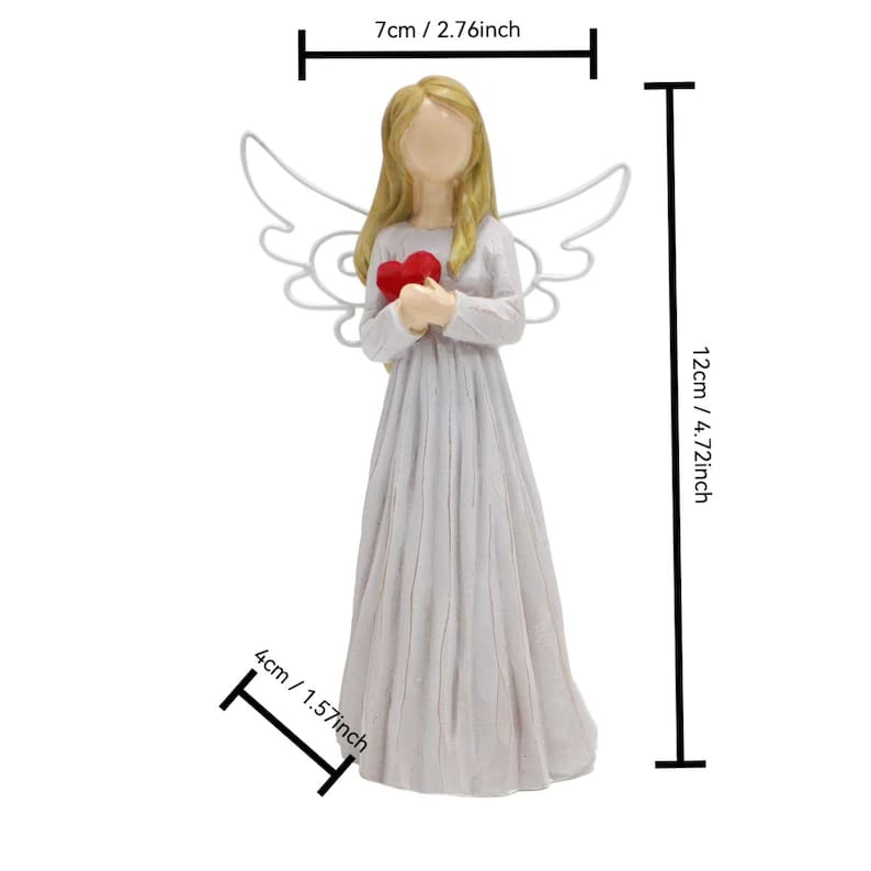 May include: A figurine of an angel, 4.72 inches tall, holding a red heart. The angel has blonde hair and white wings. The angel is wearing a white dress. The figurine is 2.76 inches wide and 1.57 inches deep.