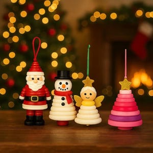 Può includere: Quattro decorazioni natalizie: un Babbo Natale, un pupazzo di neve, un angelo e un albero a strati. L'ornamento di Babbo Natale è rosso e bianco con una cintura nera. Il pupazzo di neve ha un cappello nero e una sciarpa rossa. L'angelo ha le ali gialle. L'albero è rosa e viola.
