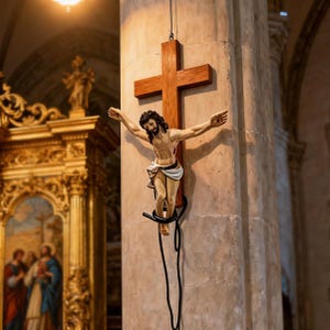 Op de afbeelding: Een houten kruis met een gebeeldhouwde figuur van Jezus Christus, hangend aan een stenen pilaar. De figuur heeft uitgestrekte armen en een lendendoek. Het kruis is gemaakt van bruin hout en de figuur is geschilderd met realistische huidtinten.
