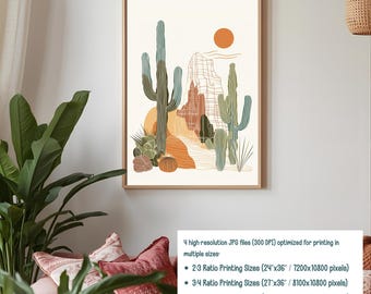 Saguaro Cactus Wall Art Print | Minimalist Line Drawing | Scandinavian Boho Desert Botanical Decor