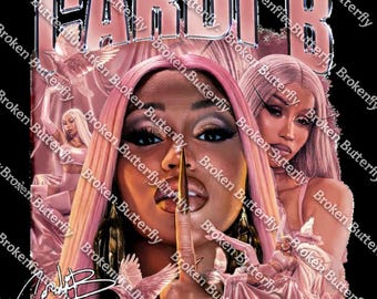 May include: A pink graphic featuring Cardi B with pink hair, a finger to her lips, and the word "CARDI B" at the top. The design includes images of doves and other figures, with the text "Broken Butterfly" repeated.
