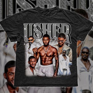 Può includere: Una maglietta nera con una stampa grafica di Usher. La grafica presenta un collage di immagini di Usher in diverse pose, con la parola "USHER" in grandi lettere scintillanti.