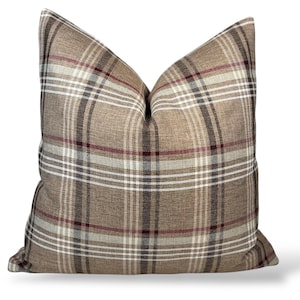 Brown Plaid Pillow Cover, White and Red Checkered Cushion, Rustic Farmhouse Throw Pillow