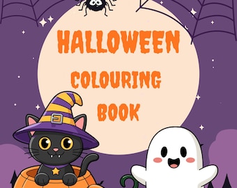 May include: A Halloween coloring book cover featuring a black cat in a witch hat inside a jack-o'-lantern, a friendly ghost, spiders, and the text "Halloween Colouring Book". The background is purple with spiderwebs and stars. Ages 2+.