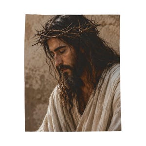 May include: A portrait of a person with long dark hair and a beard, wearing a crown of thorns made of dark, twisted branches. The individual is dressed in a textured, off-white, draped garment and is looking downward with a somber expression.