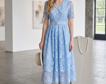 V-Neck Short Sleeve Lace Beading Maxi Dress Tunic Elegant Summer Women Temperament