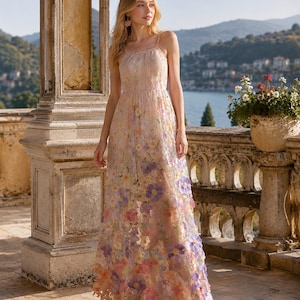luxury long flower dress woman Luxury Delicate Pink 3D Floral Evening Dress with ruffles SS700