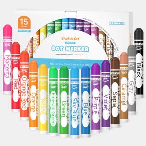 May include: A set of 15 Shuttle Art dot markers in various colors, including magenta, red, orange, yellow, green, blue, and purple. The markers are labeled with their color names and are designed for easy grip and non-toxic use.