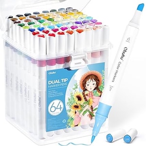 May include: A clear plastic case filled with 64 dual-tip Ohuhu color markers. The markers are white with colored tips. One blue marker is outside the case. The case has a label with an illustration of a girl and sunflowers.