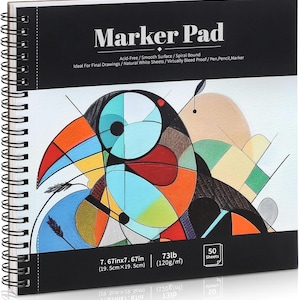 May include: A spiral-bound marker pad with a colorful toucan illustration. The cover features the text "Marker Pad" and specifications: 7.67in x 7.67in (19.5cm x 19.5cm), 73lb (120g/m²), and 50 sheets. The pad is designed for final drawings and is acid-free.