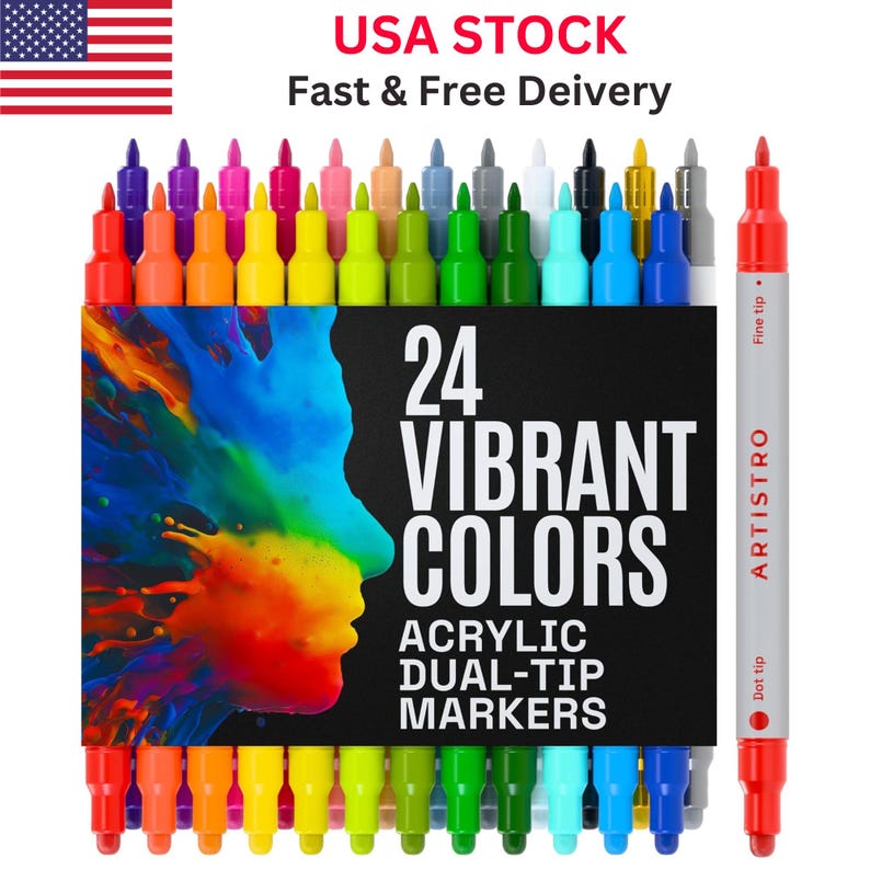 May include: A set of 24 dual-tip acrylic markers in vibrant colors. The markers are arranged in a row, with a black box displaying the text "24 VIBRANT COLORS" and "ACRYLIC DUAL-TIP MARKERS". The brand name "ARTISTRO" is visible on a single marker.