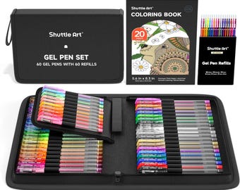 May include: A black zippered case containing a gel pen set with 60 pens and 60 refills, a coloring book, and a box of gel pen refills. The coloring book is 14.2 cm x 21.0 cm. The gel pens are in various colours.
