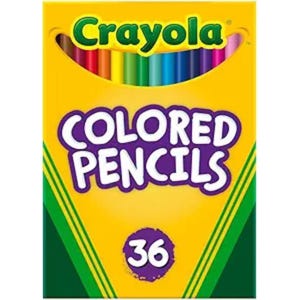 May include: A yellow Crayola box of 36 colored pencils. The box has green diagonal stripes and the Crayola logo in green. The words "COLORED PENCILS" are in large purple letters, and the number "36" is in a purple circle.